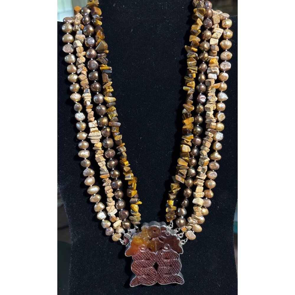 Multi-Strand 18" Sterling silver Necklace W/ Bronze Pearls Tigers Eye Jasper & C